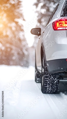 A silver SUV driving on a snowy road surrounded by trees