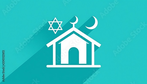 A simple teal and white icon depicting a building with religious symbols