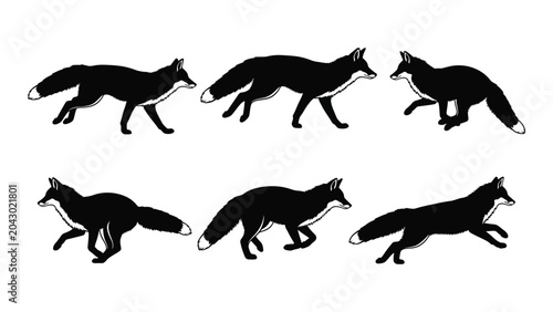 Obraz na płótnie A Collection Of Running Foxes In Black Silhouette Style Against A White Backgrou