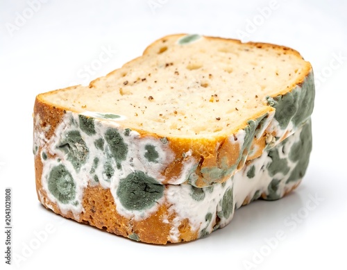 A slice of bread with mold on the crust and interior exposed