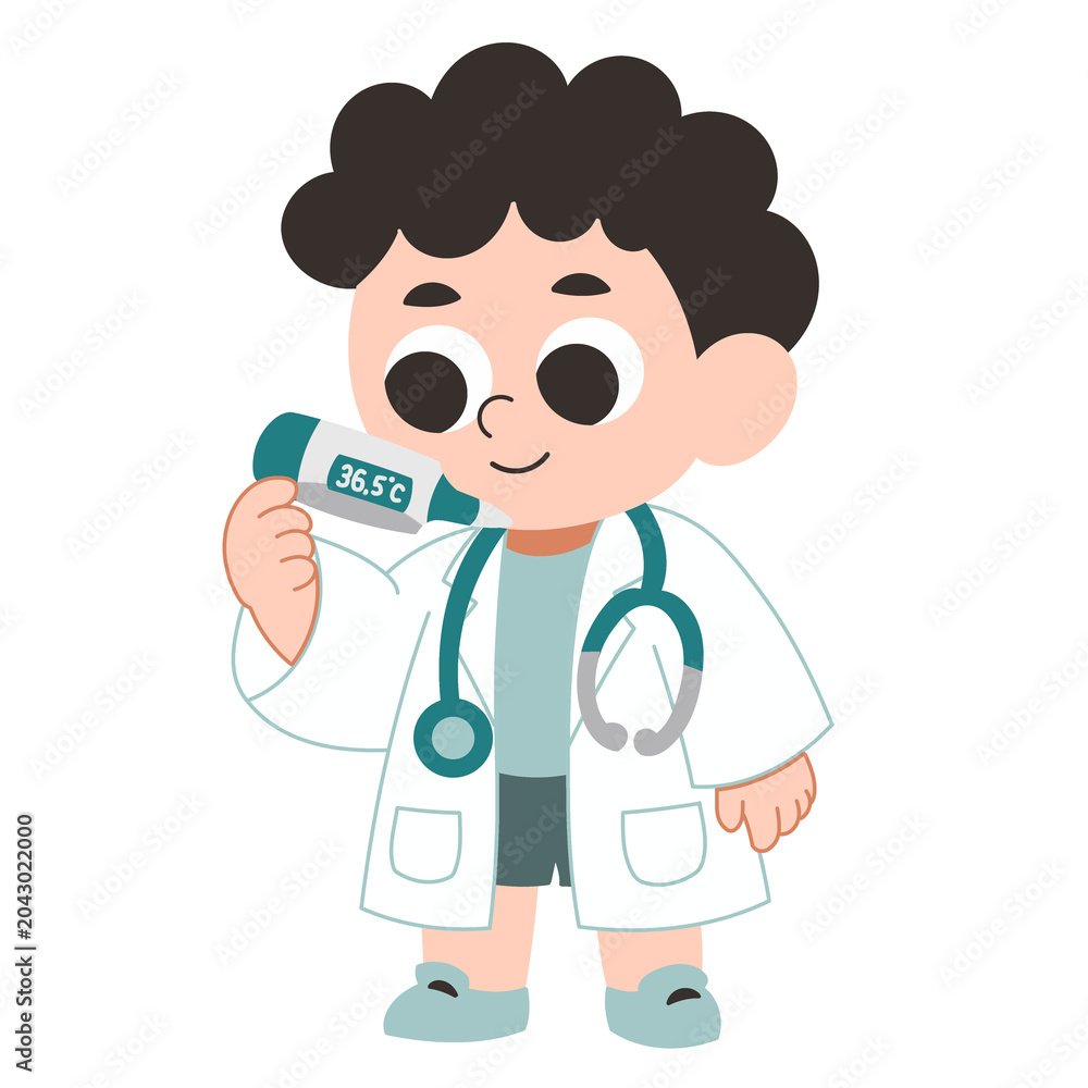 Fototapeta premium Cute small doctor characters with multicultural diversity, various skin tones and hair colors, holding thermometer with friendly expressions, kawaii flat illustration style, adorable healthcare mascot