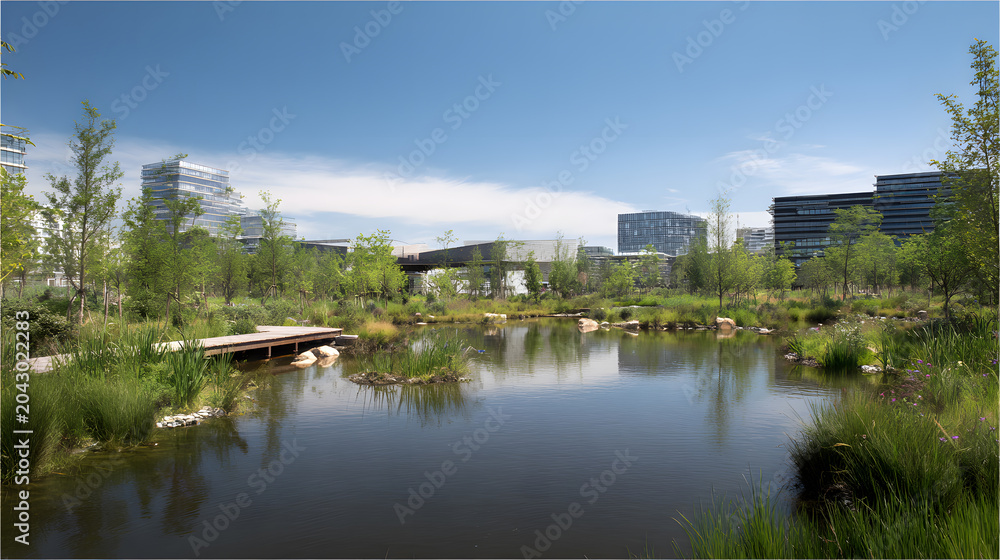 Fototapeta premium Modern urban park with pond and office buildings in background