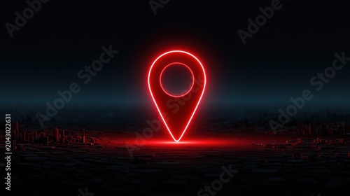 Neon red map pin glowing in dark city