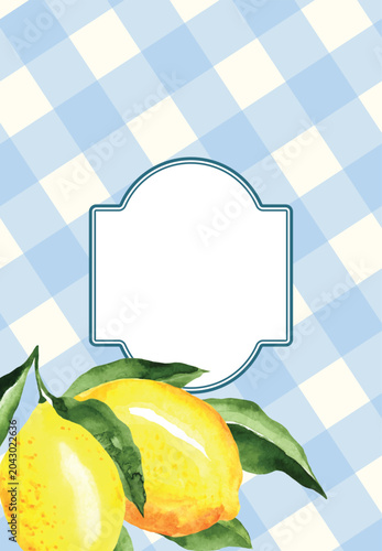Mediterranean Lemon Frame Card with Blue Gingham Pattern, Amalfi Coast Summer Citrus Background Template