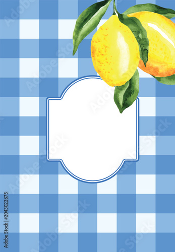 Blue Mediterranean Lemon Frame Template with Citrus Illustration and Gingham Background