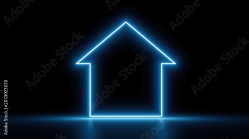 Neon blue house outline glowing in the dark