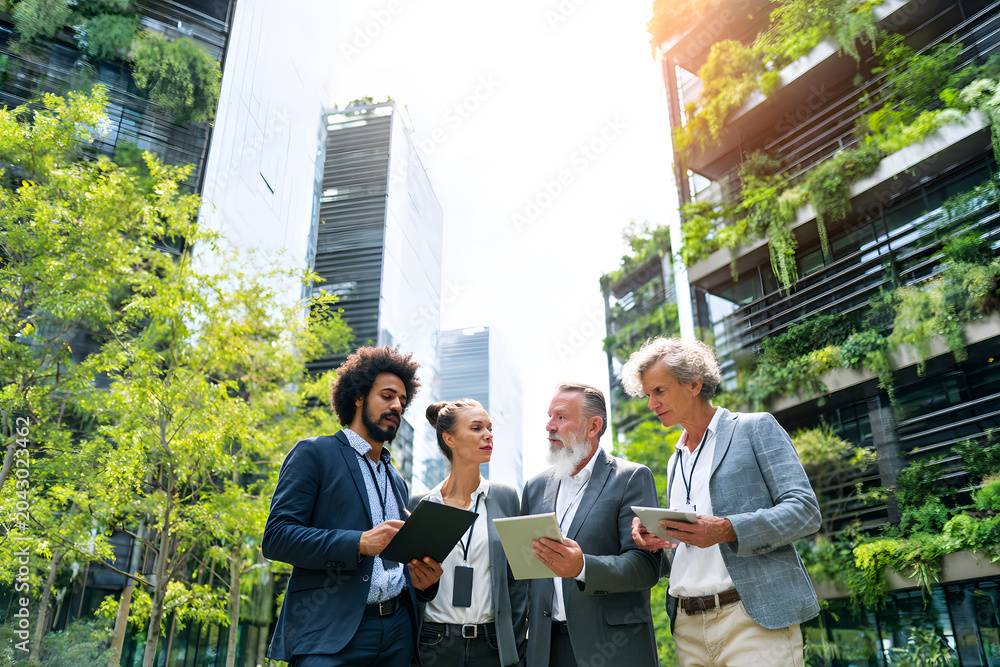 Fototapeta premium Business professionals discussing strategy in eco-friendly urban setting