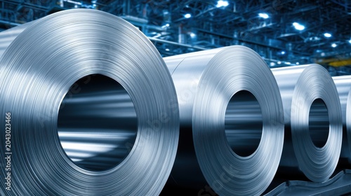 Industrial steel coils in a manufacturing plant