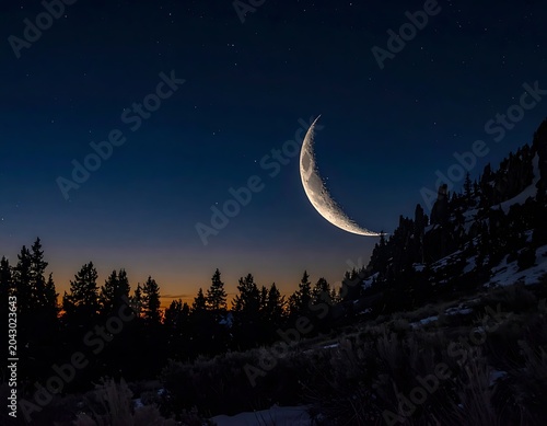 A serene night scene with a crescent moon