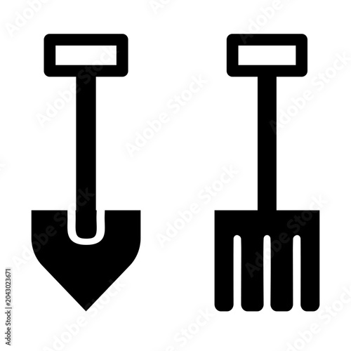 Vector illustration gardening tool icons a shovel and pitchfork.