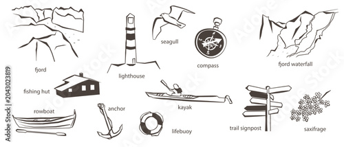Tableau sur toile Hand drawn fjord travel doodle set with lighthouse, kayak, compass, seagull, waterfall and saxifrage