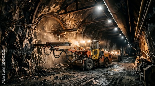 Mining truck in a dark underground mine tunnel