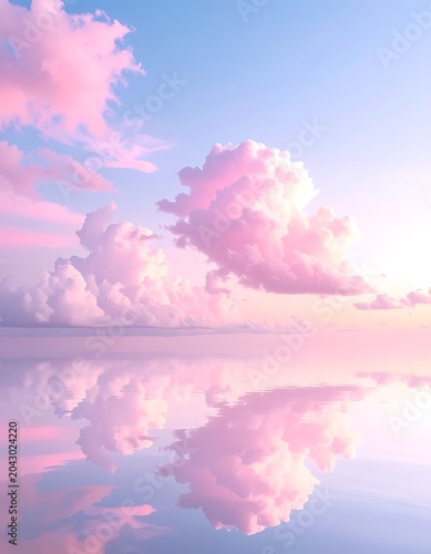 A serene pastel-colored sky with fluffy clouds reflected on water