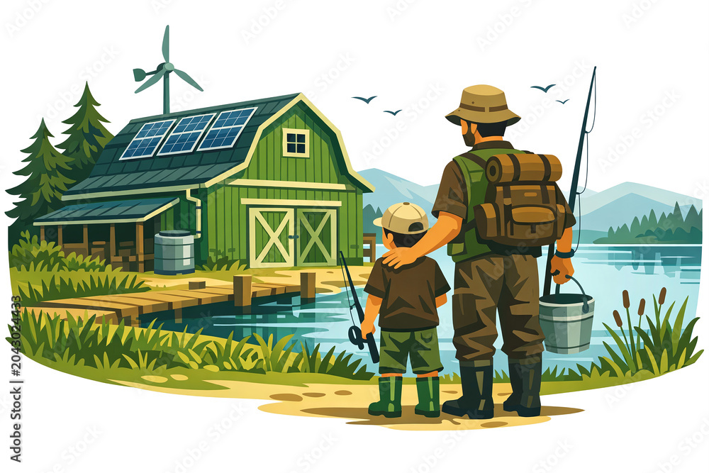 Fototapeta premium Illustration of a father and his child on the shoreline near a barn with solar panels, enjoying outdoor activities such as fishing and bird watching. The image conveys a sense of family bonding,