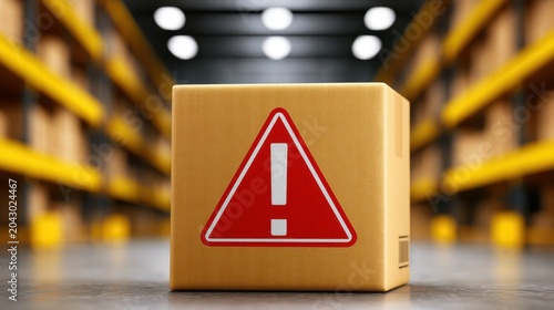 Cardboard box with warning sign in a warehouse storage facility