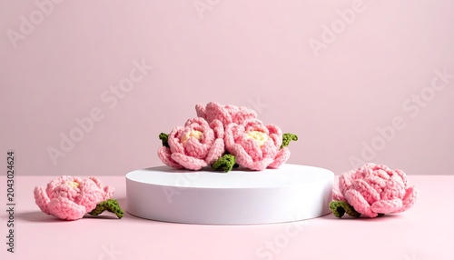 A serene still life with pink flowers on a white pedestal