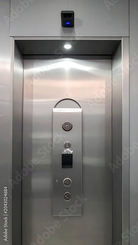 A stainless steel elevator door with buttons and a digital display