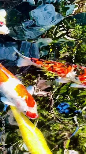  Colorful koi fish swimming and feeding near the water surface in a decorative pond, creating vivid ripples, reflections, and energetic movement in a serene outdoor garden setting.