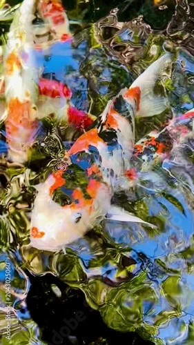  Colorful koi fish swimming and feeding near the water surface in a decorative pond, creating vivid ripples, reflections, and energetic movement in a serene outdoor garden setting.