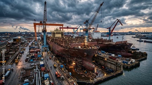Industrial shipyard with cranes and boats