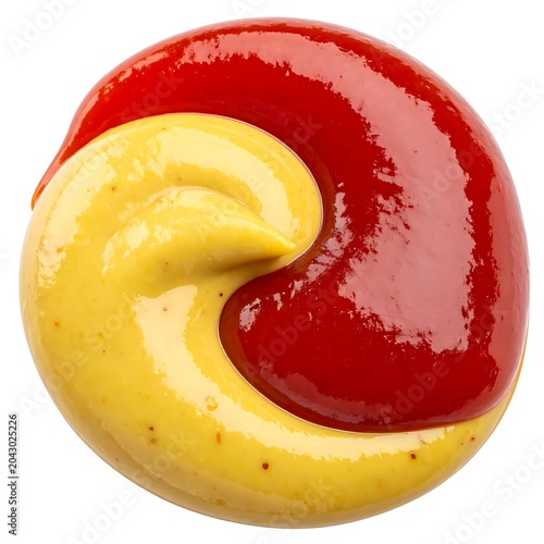 A swirl of yellow mustard and red ketchup on a white background