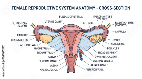 Obraz na plátně Female Reproductive System Anatomy - Cross Section Diagram with Labels
