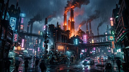 Vibrant city street at night with colorful neon signs