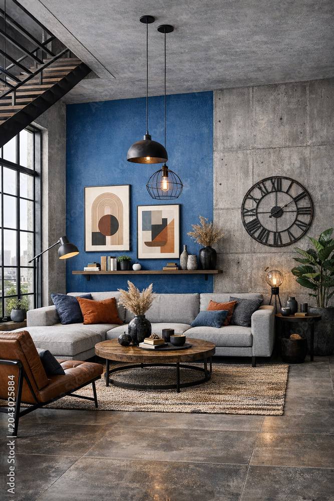 Fototapeta premium A stylish living room with blue walls, a gray sofa, and a round wooden coffee table. The space is decorated with contemporary furnishings including patterned wall art, decorative items on the shelves,