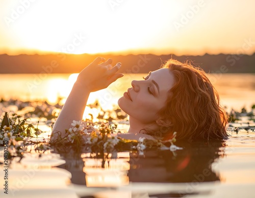 A serene woman in water with flowers at sunset