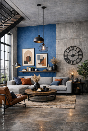 A stylish living room with blue walls, a gray sofa, and a round wooden coffee table. The space is decorated with contemporary furnishings including patterned wall art, decorative items on the shelves,