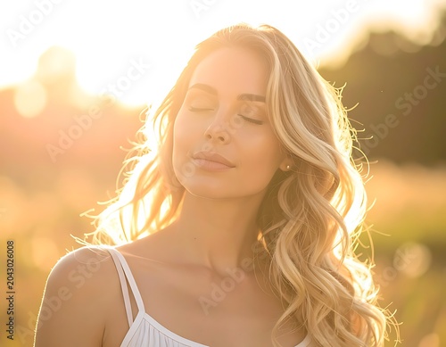 A serene woman with long blond hair standing in a sunlit field