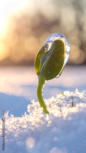 A single green leaf encased in ice on snowy ground