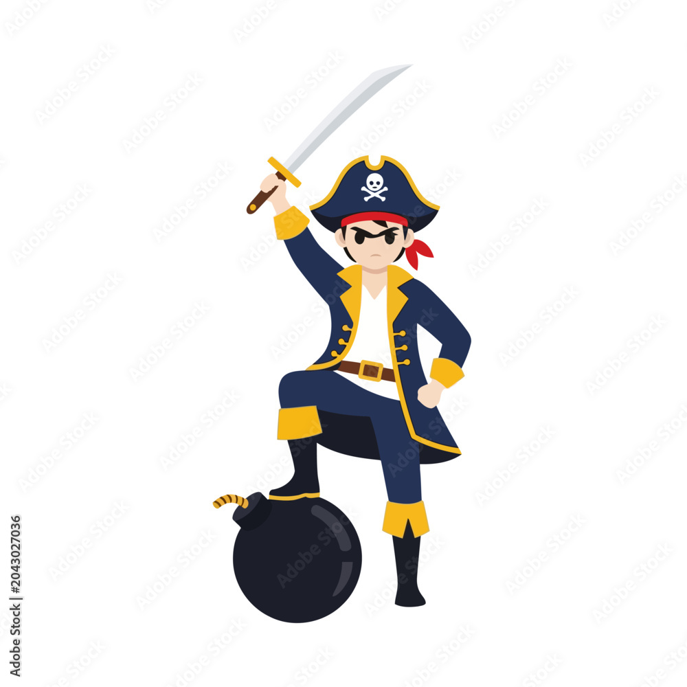 Obraz premium A pirate boy standing with one foot on a large black bomb. Flat vector mascot design