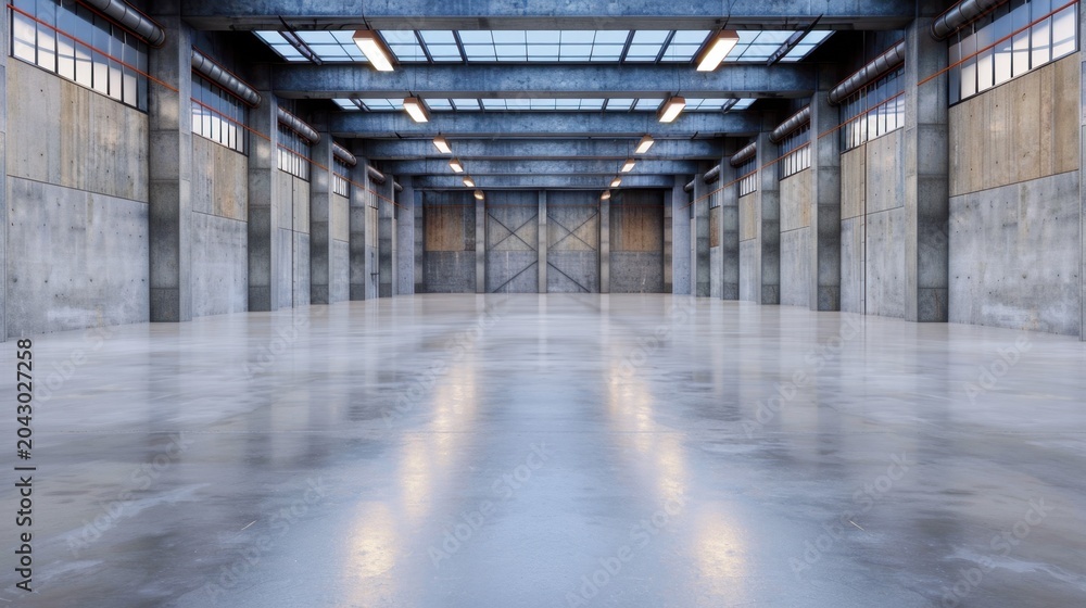 Obraz premium Spacious Industrial Warehouse Interior with High Ceilings and Concrete Flooring Under Natural Light