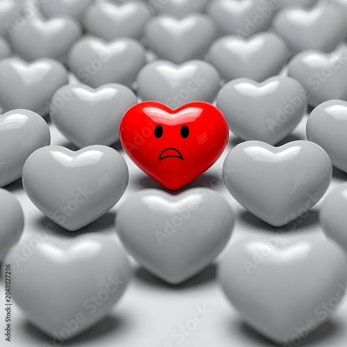 A single red heart with a sad face surrounded by gray hearts