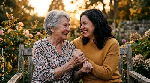 Happy senior mother and adult daughter laughing together in a garden