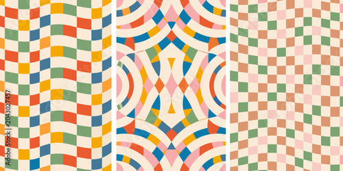 Bild auf Leinwand wavy checkerboard patterns triptych pattern geometric abstract