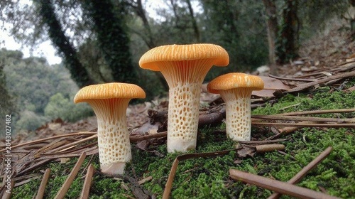 Eye level outdoor close-up of three vivid yellow chanterelle-like mushrooms, largest center with two smaller, bright green moss with dry stalks, distinct ridged undersides, blurred background. 