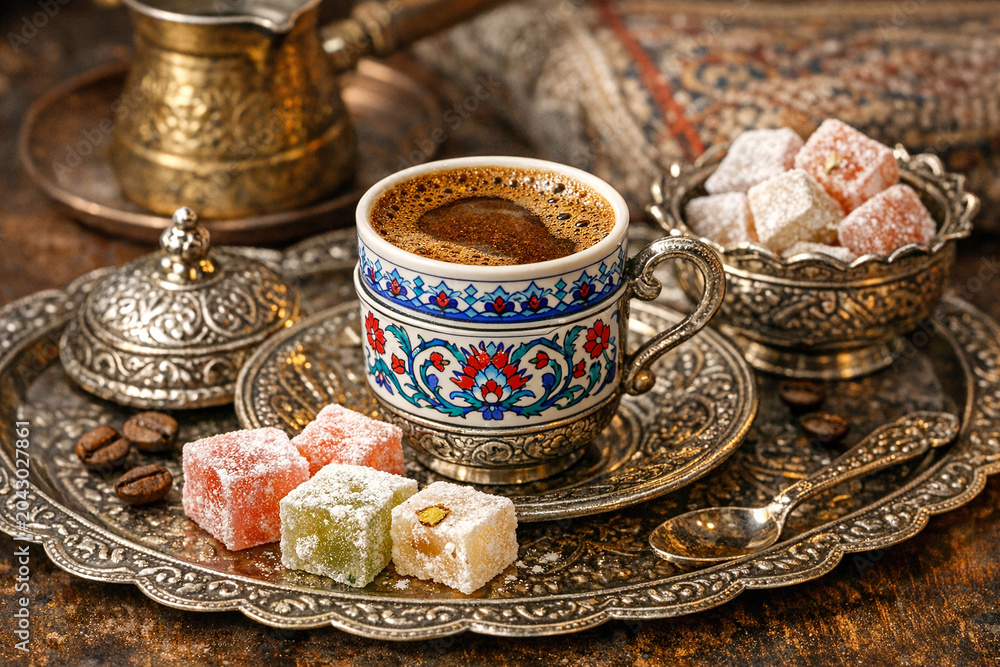 Fototapeta premium This image features a traditional cup of Turkish coffee served alongside sugar cubes placed on a silver plate. The setting suggests an authentic tea or coffee experience in a Middle Eastern or