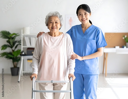 A smiling Asian caregiver assists elderly woman with walker
