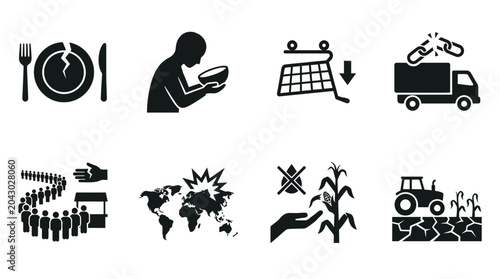 Food Shortage and Hunger Crisis Icons | Eight Silhouettes Representing Global Nutrition and Supply Challenges