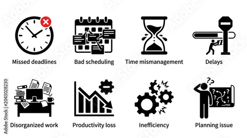Workplace Time Management Icons | Eight Silhouettes Representing Deadlines, Scheduling, and Efficiency Challenges