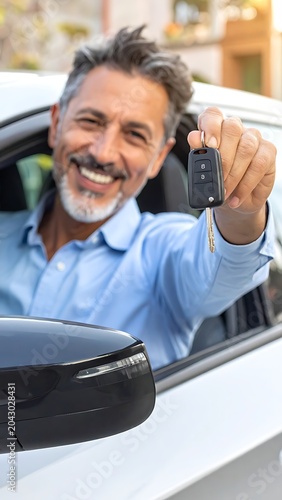 A smiling older man holding car keys