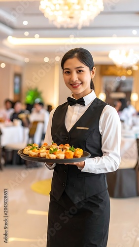 A smiling waitress holding a tray of food