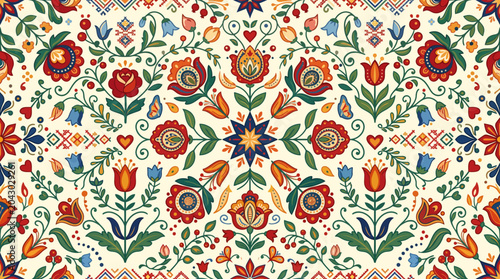 Intricate colorful floral pattern with symmetrical decorative motifs and repeating ornament.