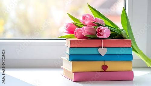 A stack of colorful books with pink tulips on a windowsill (1)