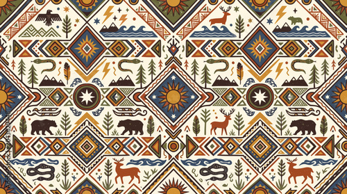Valokuva Intricate geometric ethnic pattern featuring diamonds and zigzags in earthy tones for textile design