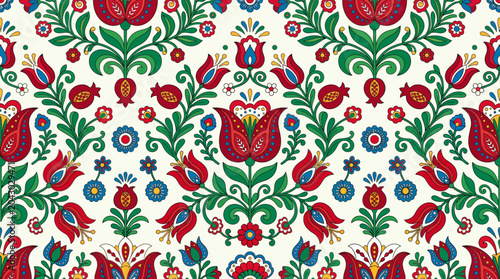 Tableau sur toile Intricate folkloric floral pattern with red tulips, green leaves, and blue accents in a repeating embroidery-inspired design