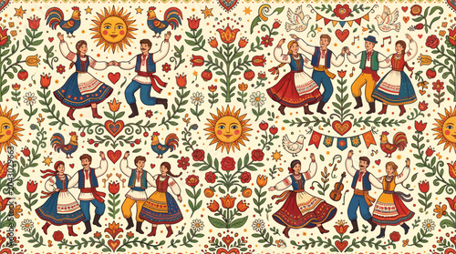 Foto Colorful Folk Dance Pattern with Sun Motifs and Floral Borders for Textile Design