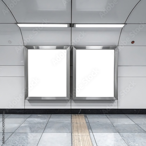 A subway station with two blank advertisement boards